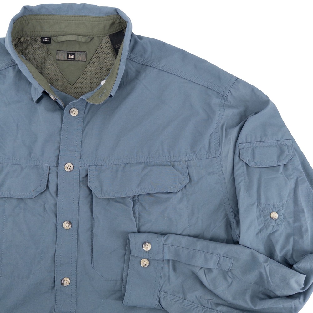 REI Mens Large Nylon Button Up S Hiking hirt Blue UPF 50 Ventilated Gorpcore